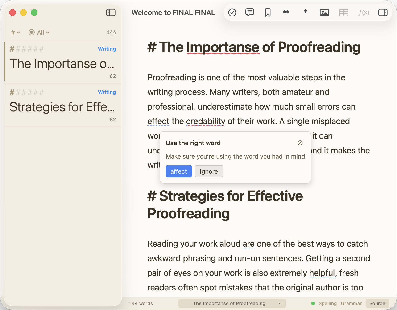 FINAL|FINAL showing a document titled 'The Importanse of Proofreading' with spelling and grammar errors highlighted, and a popup suggesting to replace 'effect' with 'affect'