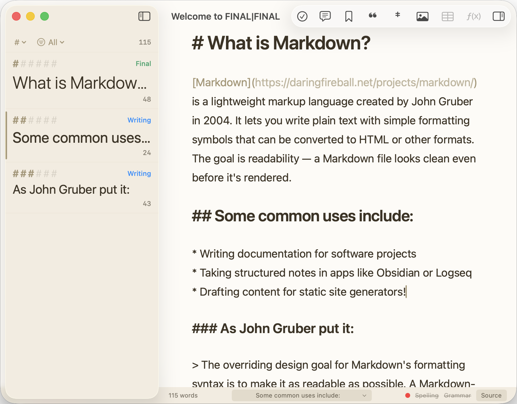 FINAL|FINAL Markdown editor showing a document about Markdown with headings, links, and bullet points alongside a sidebar outline